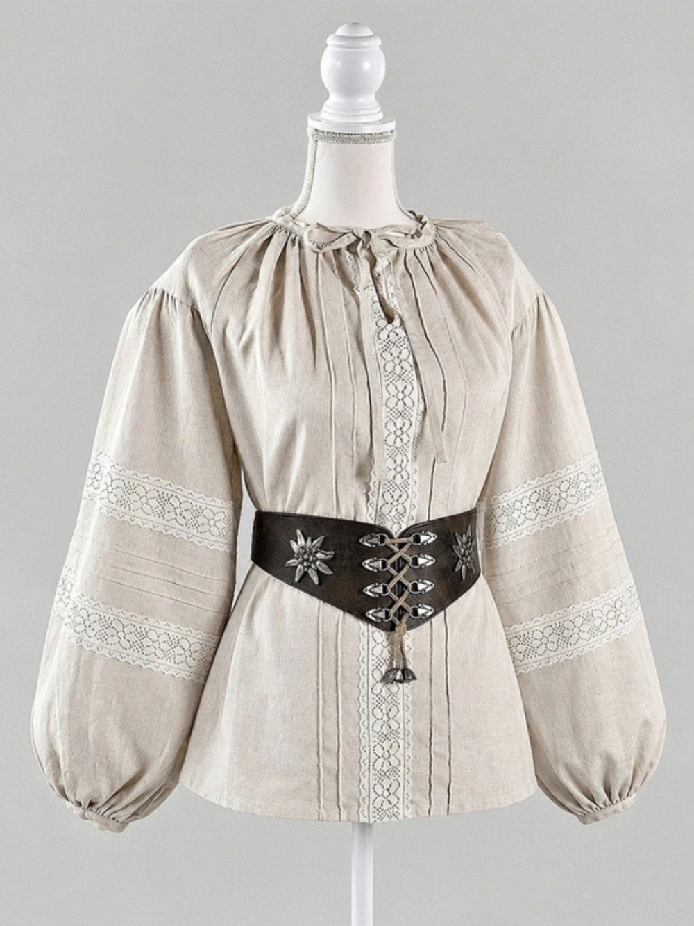 Dirndl-style Peasant Blouse Paired with Lace-up Corset Belt, Cottagecore, Whimsy